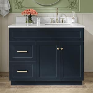 Hamlet 43 in. W x 22 in. D x 35.25 in. H Bath Vanity in Midnight Blue with White Carrara Marble Vanity Top