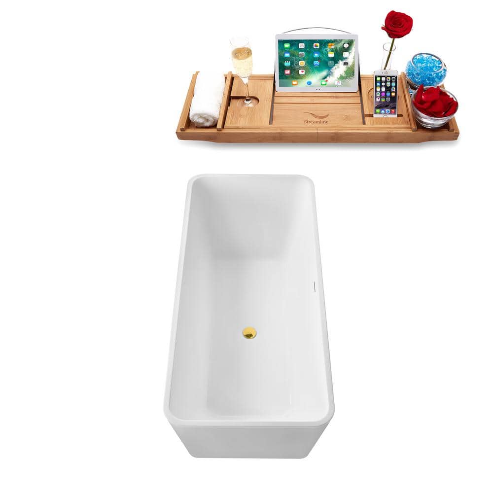 67" Glossy White Acrylic Freestanding Soaking Tub with Polished Gold Trim