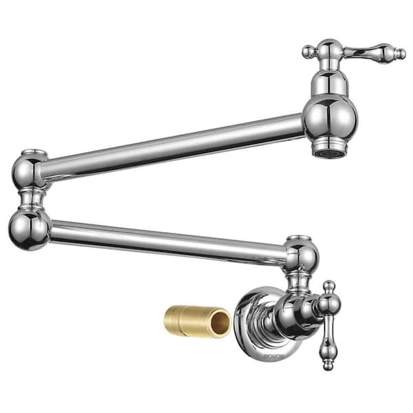 WOWOW Wall Mounted Pot Filler with Double Handles and Double Joint Swing Arm in Chrome
