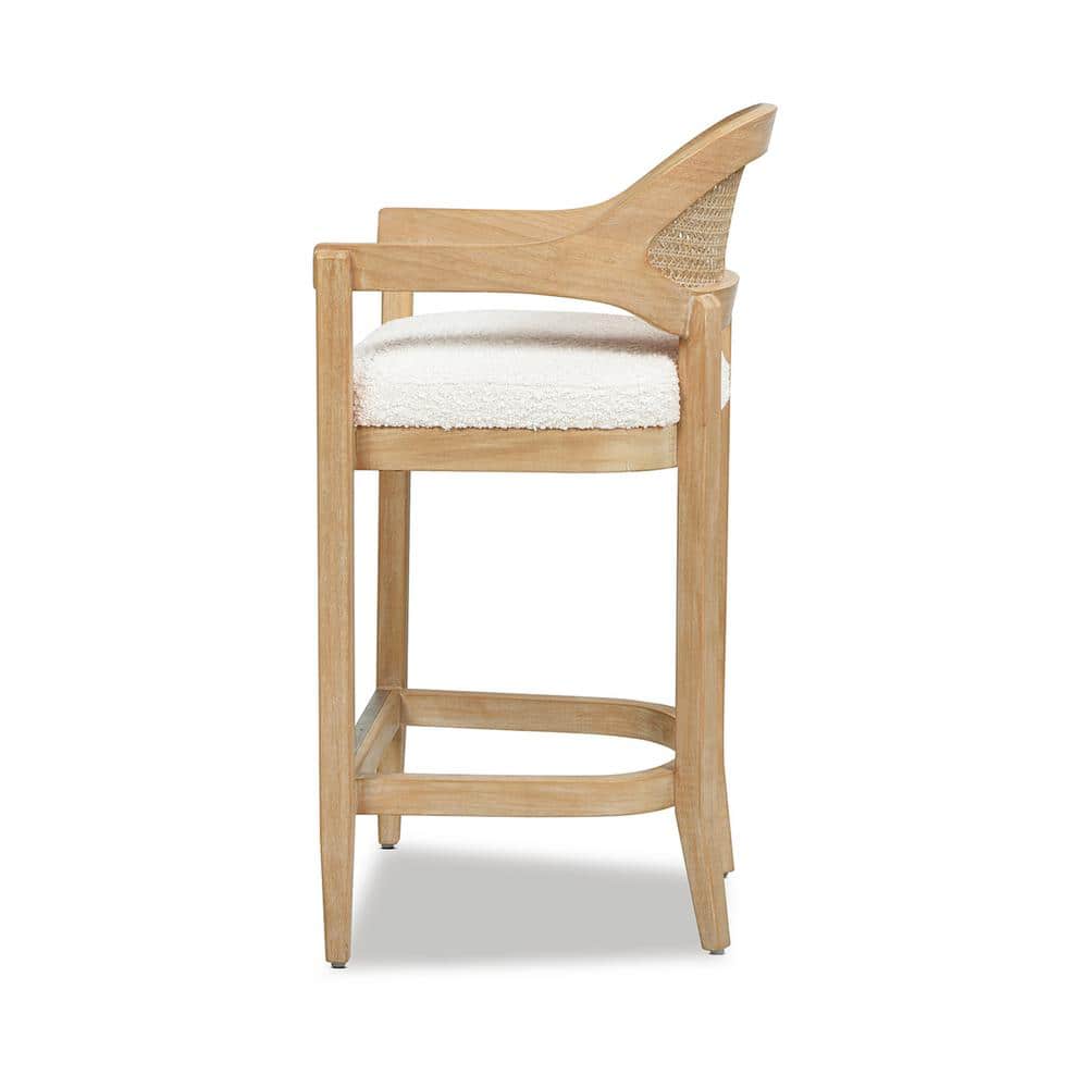 Ivory White Bouclé 26" Cane Back Counter Stool with Oak Frame