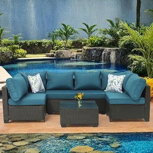 Patio Furniture Set 7-Pieces Wicker Outdoor Sectional Conversation with Couch Chairs Coffee Table Peacock Blue Cushions