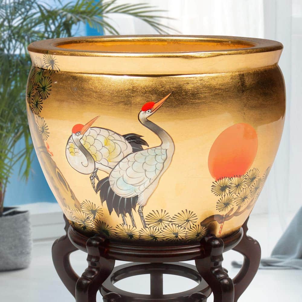 Red Lantern 16 in. Cranes Gold Lacquer Fishbowl L3-F-07GCR16 - The