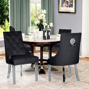 Black Velvet Upholstered Dining Chairs Set of 2 with Lion Head Pull Ring, Stainless Steel Legs