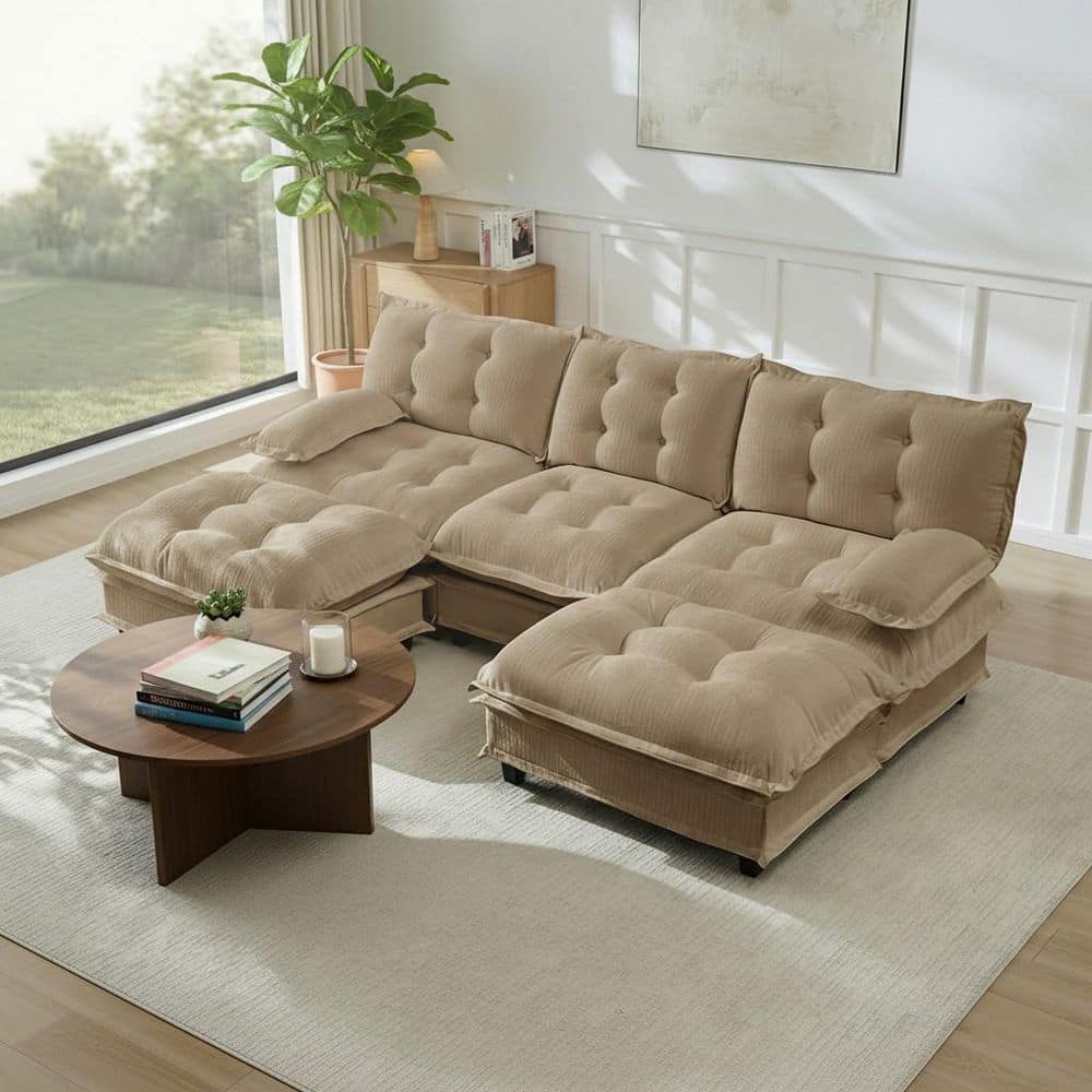 PREM Oversize Modular 107.8 in. Chenille Sectional Sofa Set in Latte Brown with Ottomans and Deep Seating, Easy Assembly