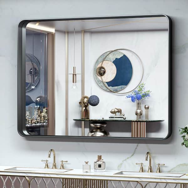 TETOTE 48 in. W x 36 in. H Rectangular Aluminum Framed Wall Mount Bathroom Vanity Mirror in Black