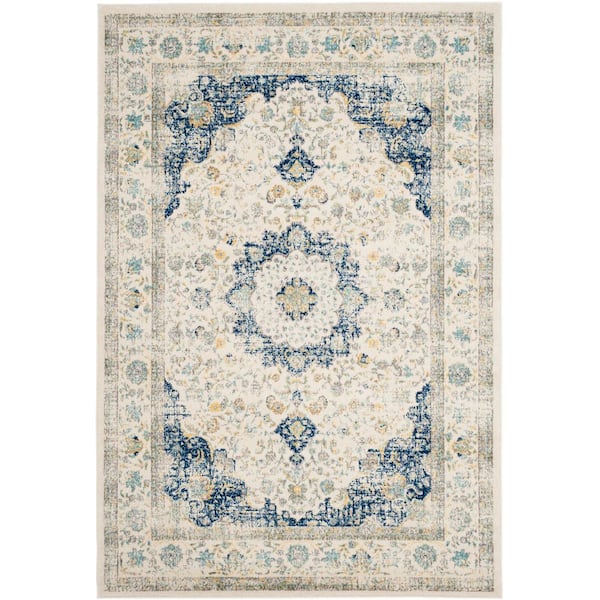 SAFAVIEH Evoke 4 ft. x 6 ft. Ivory/Blue Distressed Border Medallion Area Rug