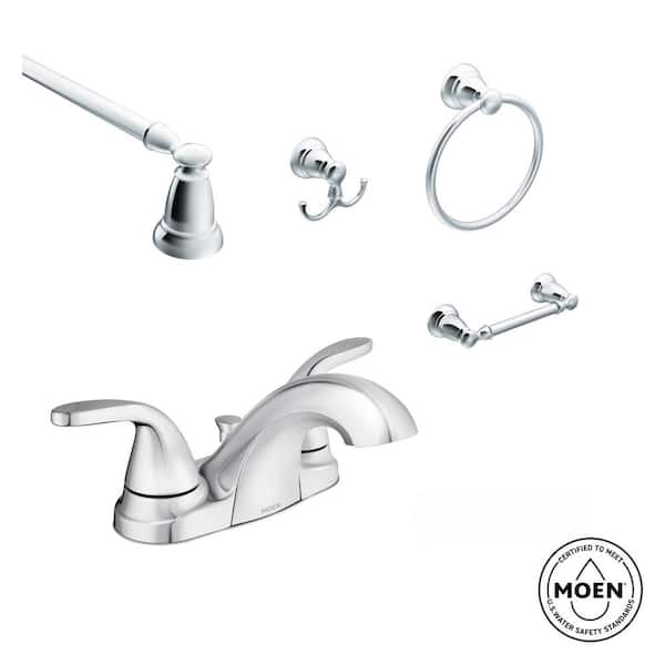 MOEN Adler 4 in. Centerset 2-Handle Bath Faucet with 4-Piece Hardware Set in Chrome (24 in. Towel Bar)
