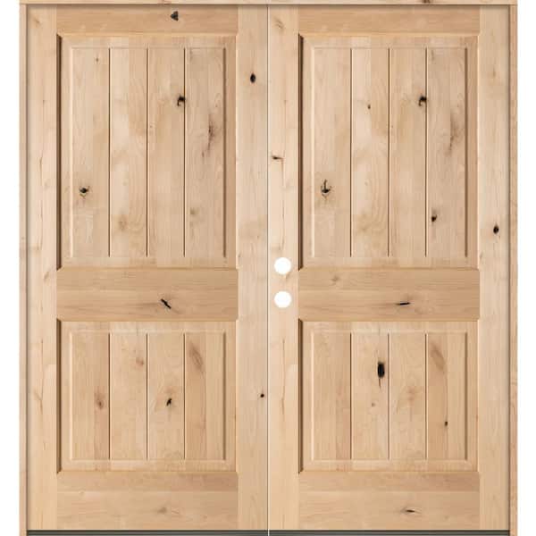 Krosswood Doors 72 in. x 80 in. Rustic Knotty Alder Square Top Unfinished /V-Groove Right-Hand Inswing Wood Double Prehung Front Door