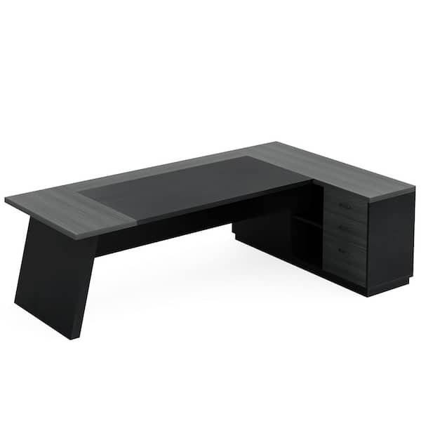 BYBLIGHT Capen 78 in. L Shaped Gray and Black Wood Executive Desk with ...