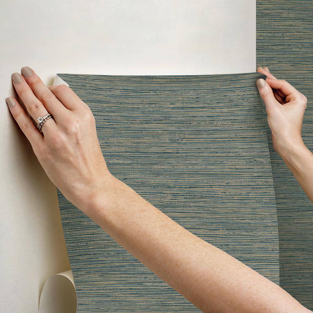 Teal and Gold Embossed Grasscloth Peel and Stick Wallpaper Roll