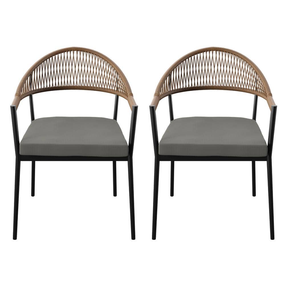 Outdoor Dining Armchairs with Grey Cushions (Set of 2)