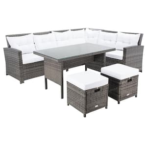 Miki Gray/Brown 5-Piece Wicker Outdoor Patio Dining Set with White Cushions