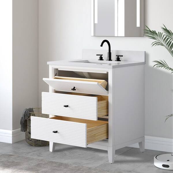 30 in. W x 22 in. D Single Sink Freestanding White Bath Vanity Cabinet with White Engineered Marble Top