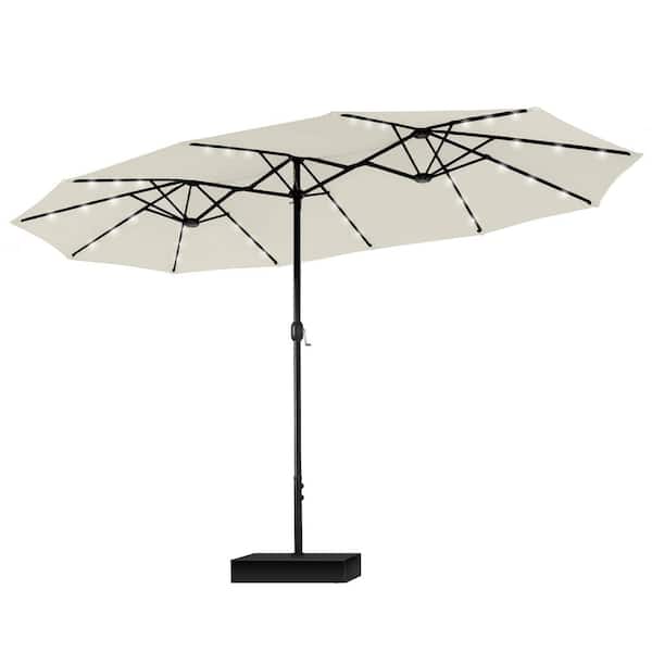 PHI VILLA 15 ft. Market Patio Umbrella with Lights Base and Sandbags in Ivory White