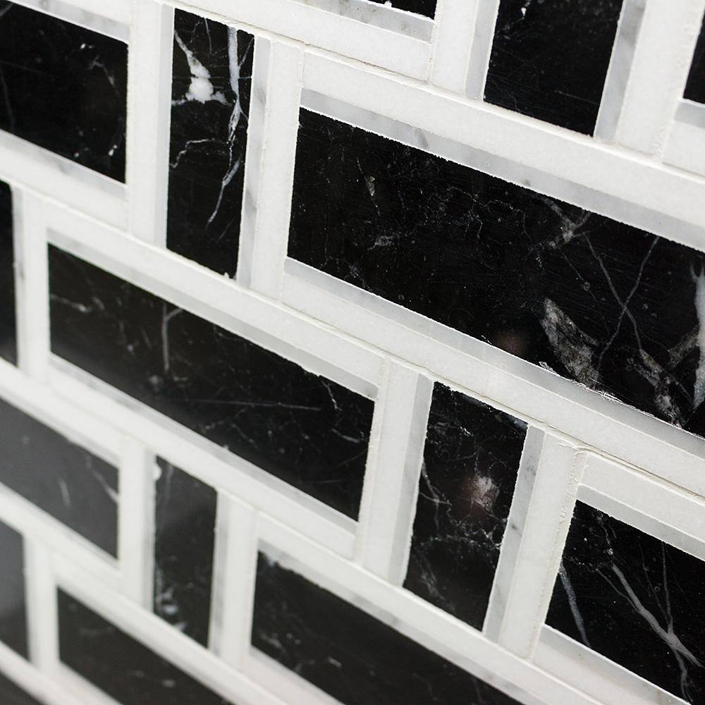 Nero and White Carrara Marble Basketweave Mosaic Tile