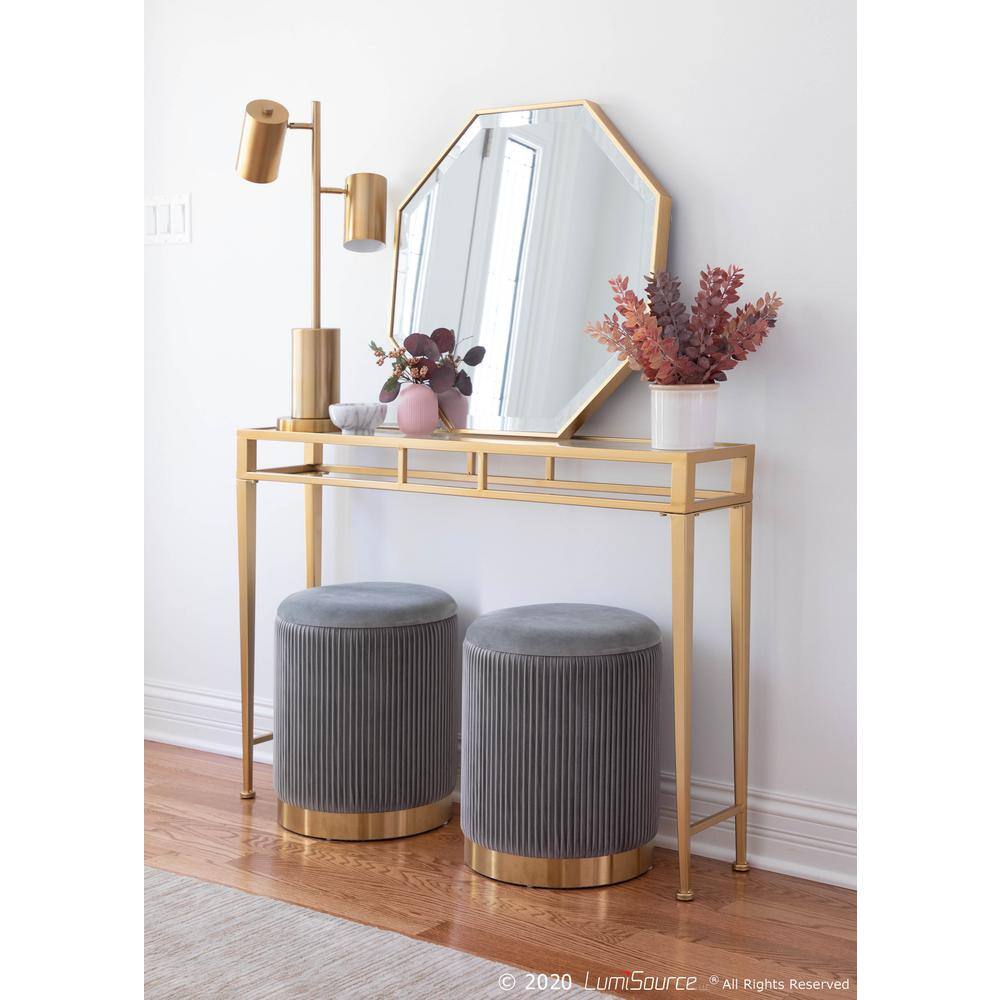 Gray Velvet Pleated Nesting Ottomans with Gold Metal Base