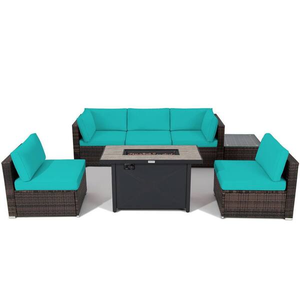 Gymax 7-Pieces Patio Rattan Furniture Set Fire Pit Table Cover Cushion Turquoise