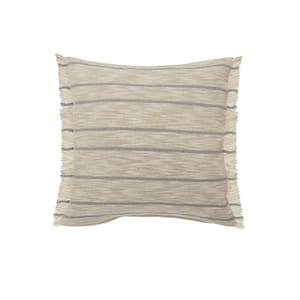 Coastal Taupe / Blue Cottage Minimalist Striped Fringe Poly-fill 20 in. x 20 in. Throw Pillow