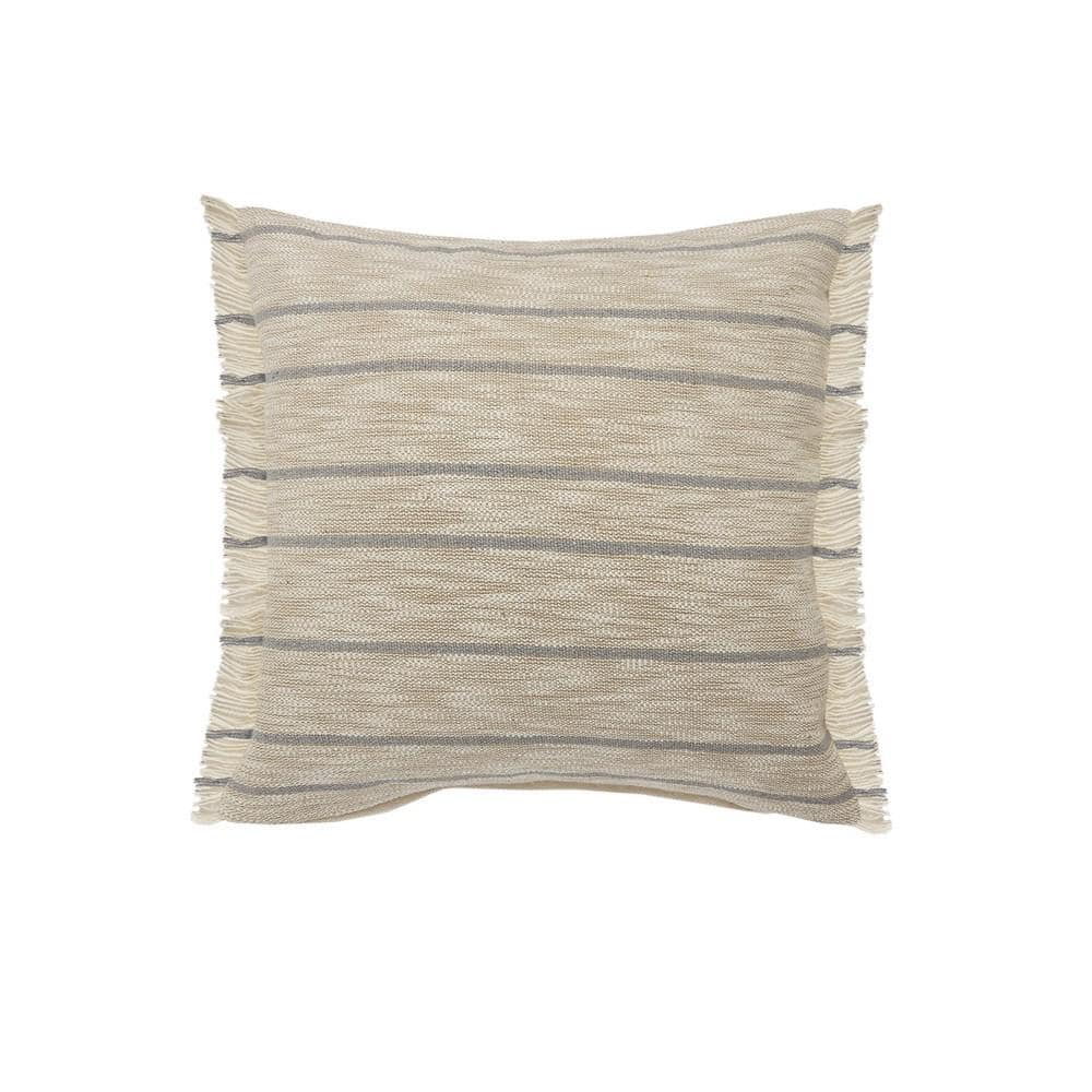 Coastal Taupe / Blue Cottage Minimalist Striped Fringe Poly-fill 20 in. x 2