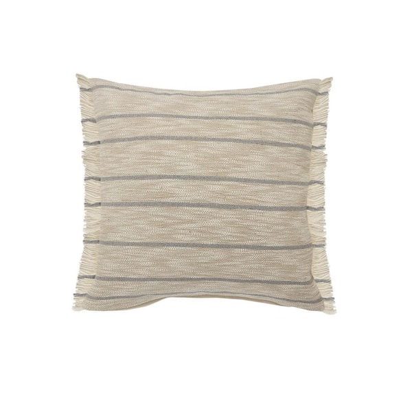Unbranded Coastal Taupe / Blue Cottage Minimalist Striped Fringe Poly-fill 20 in. x 20 in. Indoor Throw Pillow