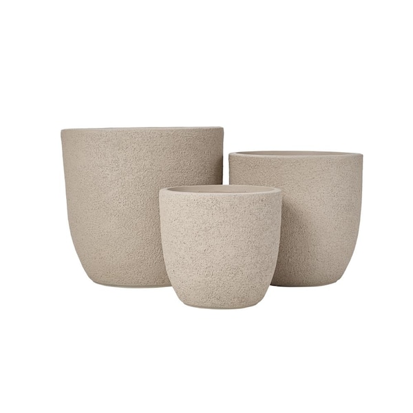 Outdoor Beige Round Concrete Stackable Planter with Drainage Holes and Rubber Plug for Garden( Set of 3)