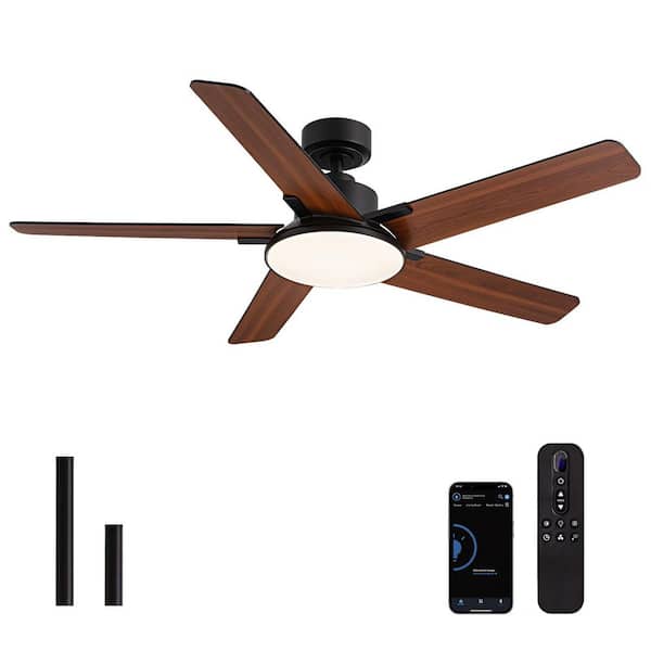 52 in. Indoor Black Downrod Mount Modern Ceiling Fan with Integrated LED with Remote Control Included