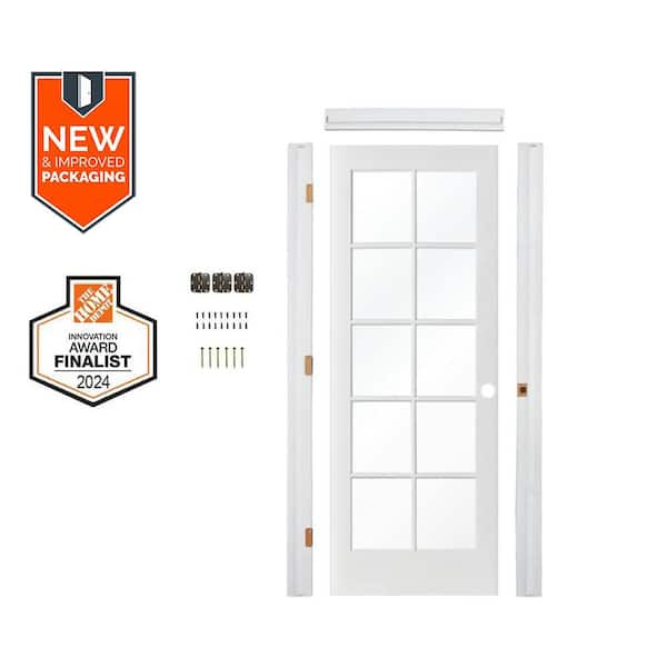 30in. x80in. 10-Lite Left-Hand Clear Glass MDF Primed Single Assembly Required Interior Door Kit w/ Quick Assemble Jamb