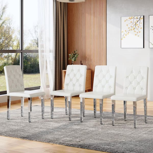 White/Silver PU Leather  Side Chair Set of 4