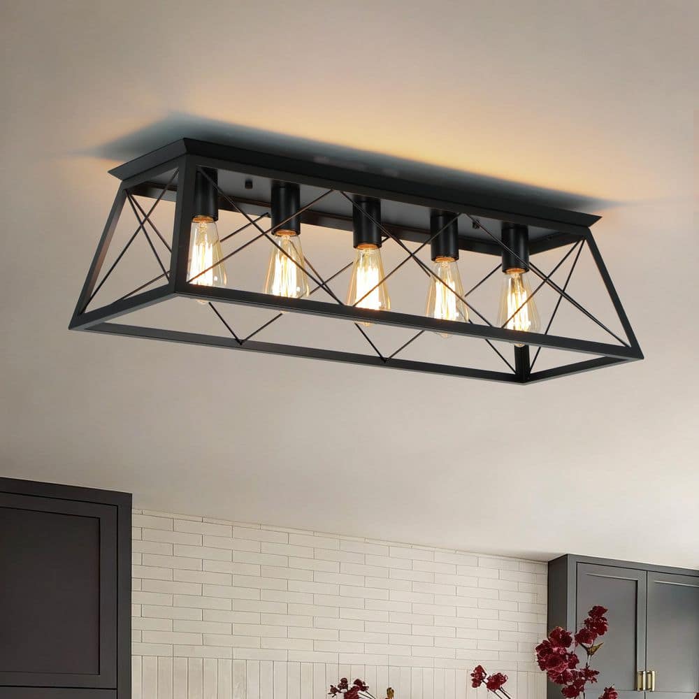 Libtad 5-Light 31.5 in.W Matte Black Flush Mount Rectangular Industrial Farmhouse Ceiling Light for Kitchen price history on PriceWatchPro
