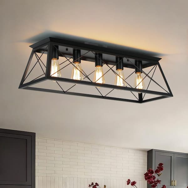 Libtad 5-Light 31.5 in.W Matte Black Flush Mount Rectangular Industrial Farmhouse Ceiling Light for Kitchen