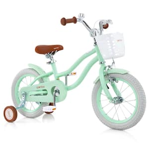 14 in. Kid's Bike with Removable Training Wheels and Basket for 3-5 Years Old Green