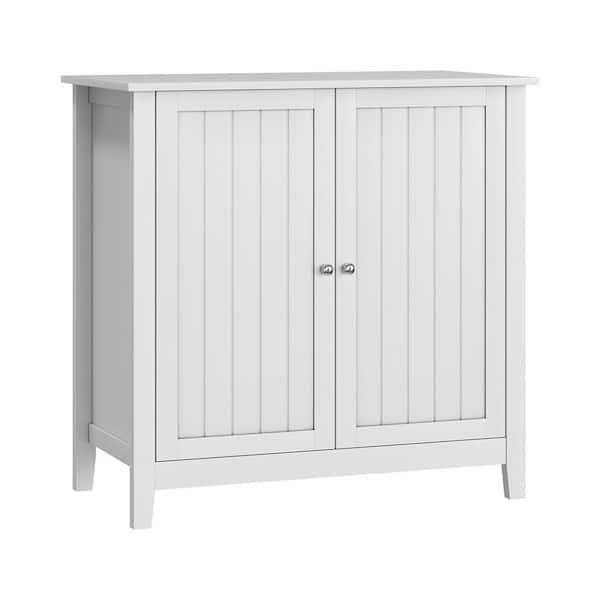 White 31.5 in. Double Door Storage Cabinet with Vertical Panels and Silver Knobs for Living Room Kitchen Hallway