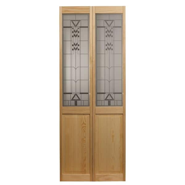 Pinecroft 23.5 in. x 78.625 in. Deco Glass Over Raised Panel 1/2-Lite Decorative Pine Wood Interior Bi-fold Door