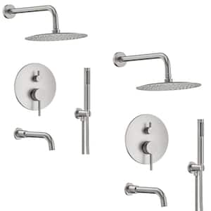 10 in. Round Rainfall Double Handles 3-Spray Tub and Shower Faucet 2.5 GPM in. Brushed Nickel Valve Included (2 Pack)