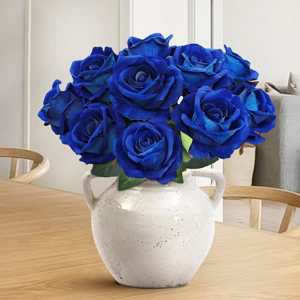 LIVING LUXURY 16 in. Royal Blue Artificial Velvet Rose Flower Stem