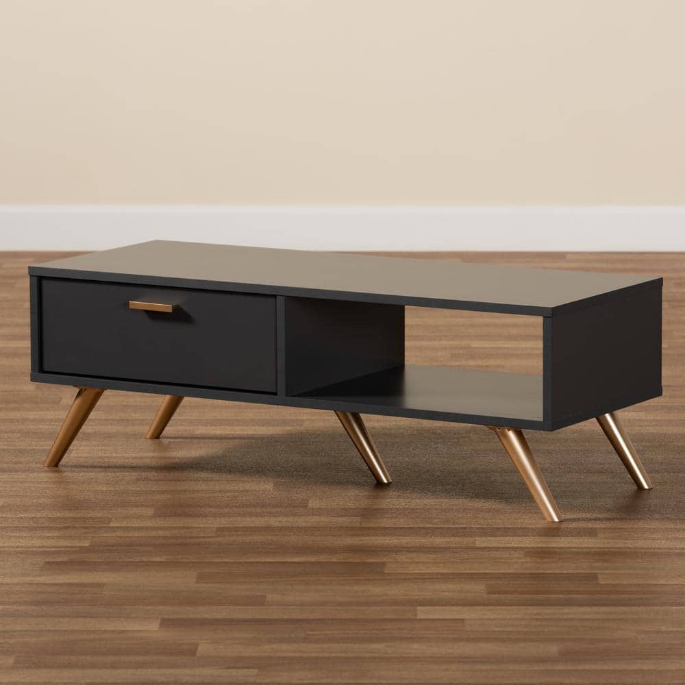 Dark Grey and Gold Wood Coffee Table with Storage Drawer