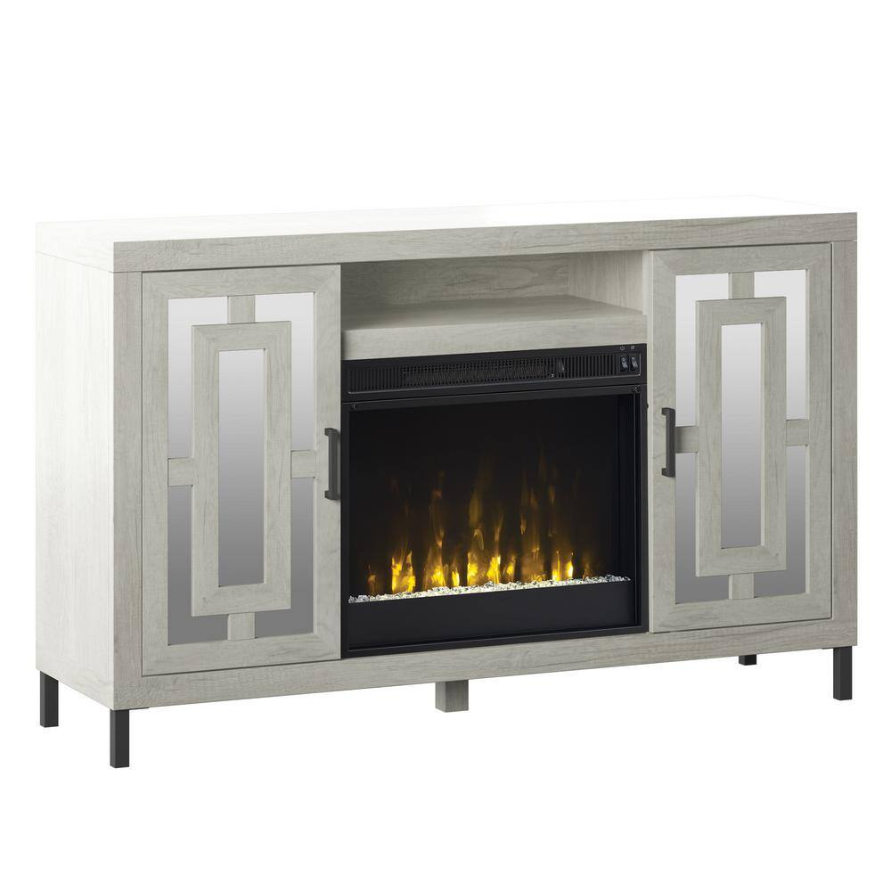 White TV Stand with Electric Fireplace and Mirrored Cabinet Doors