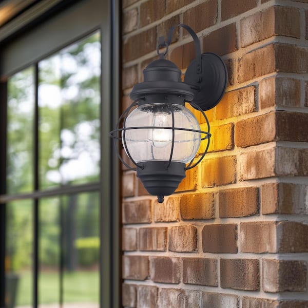 Catalina 15 in. 1-Light Black Outdoor Wall Light Fixture with Seeded Glass