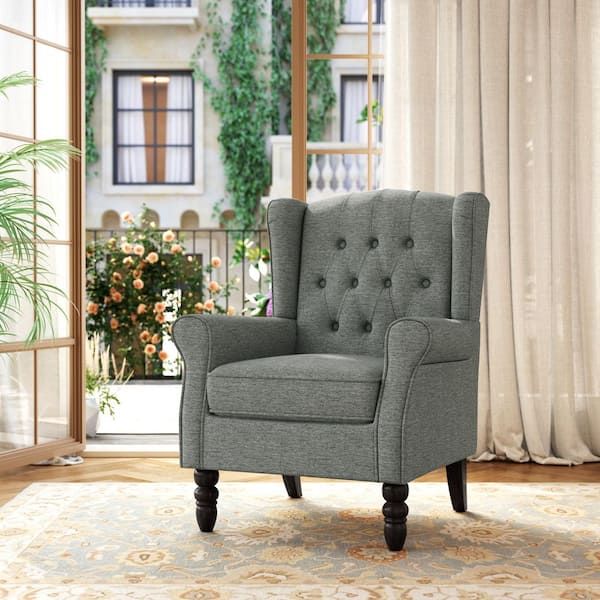Uixe Modern Gray Linen Upholstered Button High Back Accent Arm