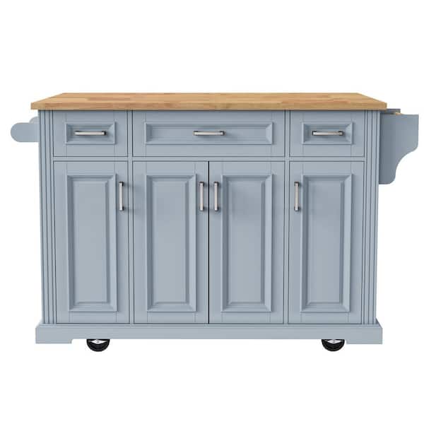Rolling Blue Drop Leaf Wood Top 54 in. Kitchen Island Cart with Adjustable Shelves, Hidden Wheels, 4 Doors and 3 Drawers