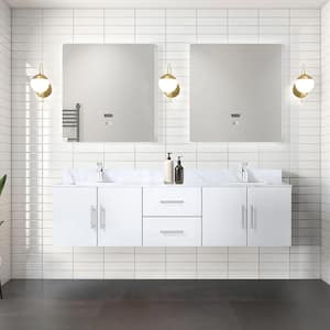 Geneva 72 in. W x 22 in. D Glossy White Double Bath Vanity, Carrara Marble Top, Faucet Set and 30 in. LED Mirrors