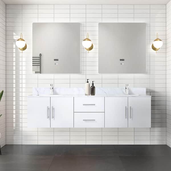 Lexora Geneva 72 in. W x 22 in. D Glossy White Double Bath Vanity, Carrara Marble Top, Faucet Set and 30 in. LED Mirrors