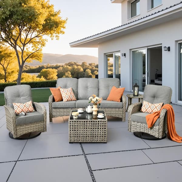 Vinceny Gray 5-Piece Wicker Patio Conversation Set with Dark Gray Cushions and Swivel Chairs