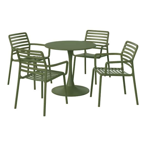 Frond and Form Outdoor Patio Modern 5-Piece Round HDPE Plastic Dining Table Set with Stackable Chairs, Olive Green
