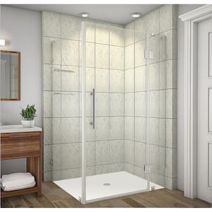 Avalux GS 42 in. x 34 in. x 72 in. Frameless Corner Hinged Shower Enclosure with Glass Shelves in Stainless Steel
