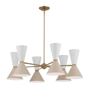 Phix 38.75 in. 12-Light Champagne Bronze and Greige White Mid-Century Modern Shaded Chandelier for Dining Room