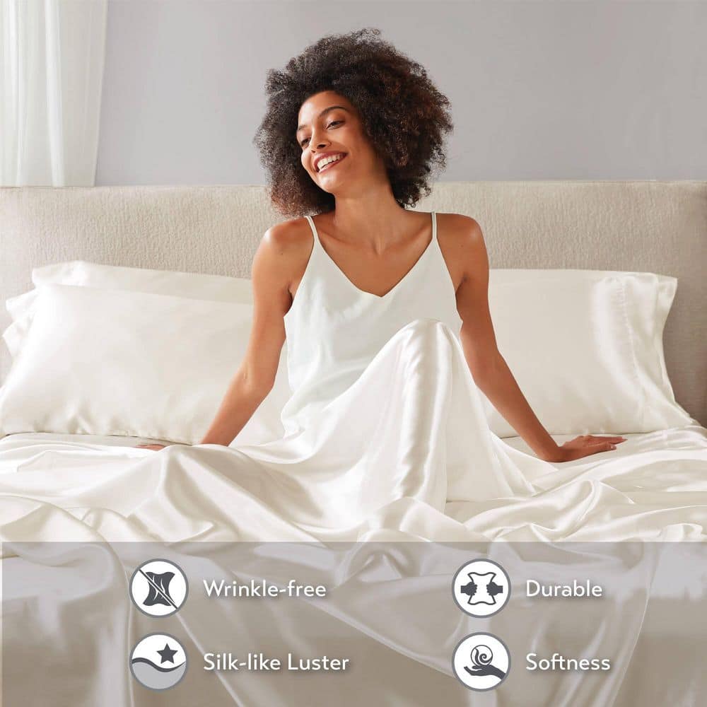 Ivory Queen Satin Polyester 6-Piece Luxury Sheet Set
