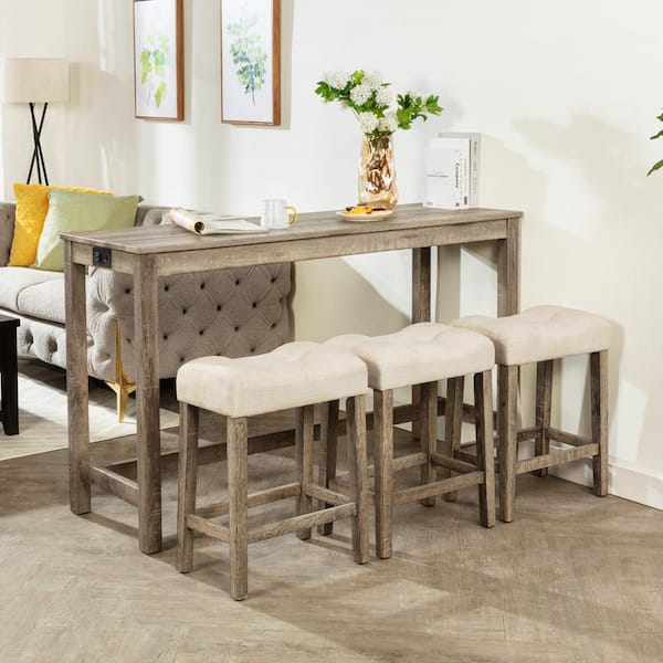 4-Piece Rectangular Rustic Brown MDF Wood Top Bar Table Set with Power Outlet and 3 Upholstered Stools Seats 3