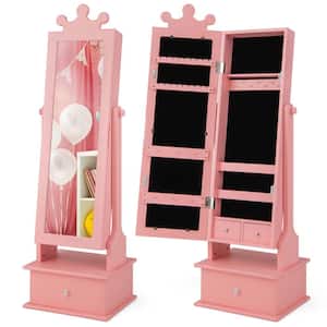 Kid Freestanding Pink Wood 13.5 in. Jewelry Armoire 2 in. 1-Full Length Mirror Storage Drawer