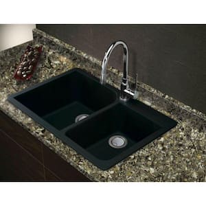 Radius Drop-in Granite 33 in. 4-Hole 1-3/4 Offset Double Bowl Kitchen Sink in Black